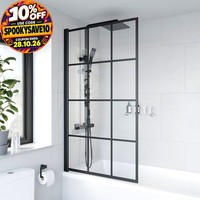 Bath Shower Screen Black Grid Square Door Hinged 800mm Framed Safety Glass Panel