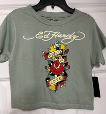 NWT Ed Hardy Green True To My Love Rose Bling Cropped Shirt Size M Medium