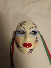 Mardi Gras Ceramic Multi Color Face Mask Wall Hanging Jester Flowers Signed