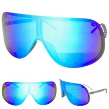OVERSIZED Modern RETRO SHIELD SUN GLASSES Jumbo X Large Big Gray Frame Blue Lens
