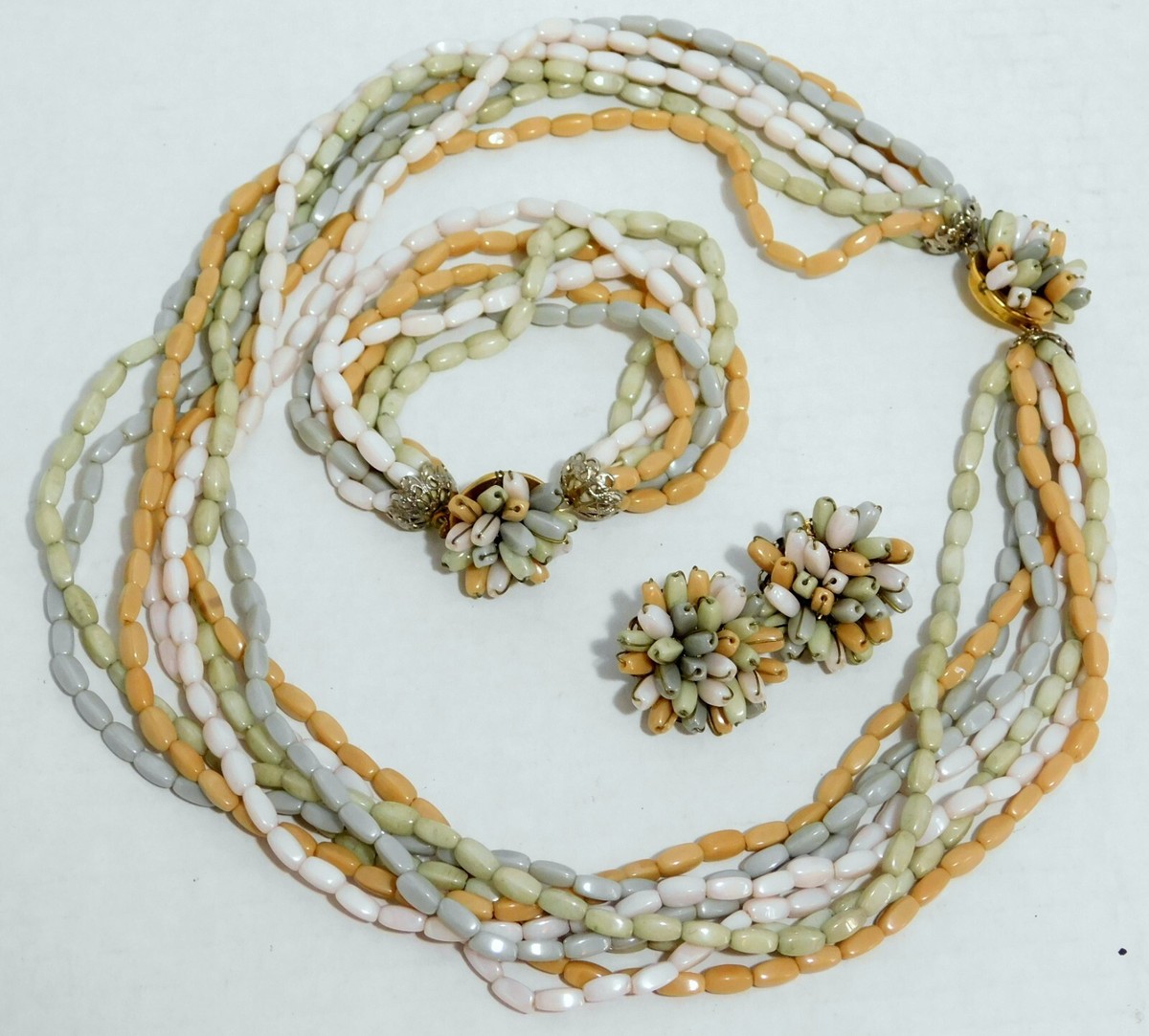Beautiful Vintage Glass Bead Necklace, Bracelet Earrings Set Multi-Strand