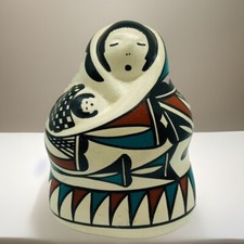 G Lewis NM Acoma Signed Pottery Native American Mother Baby Piggy Bank Southwest