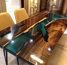 Clear Green Epoxy Resin Top Dining Table Handmade Furniture Live Edge Wooden Dec