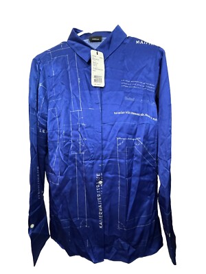 Akris Women's Long-Sleeve Silk Satin Blueprint  Button-Up Shirt Blue Size 12