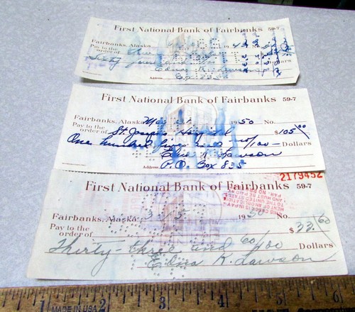 1943 & 1950 vintage First National Bank of Fairbanks Alaska 3 bank check