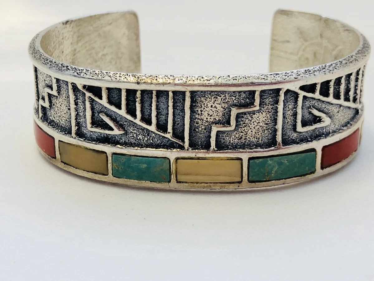 Hopi Steve Wikviya LaRance Tufa Casted Sterling Silver Multi Stone Cuff Bracelet
