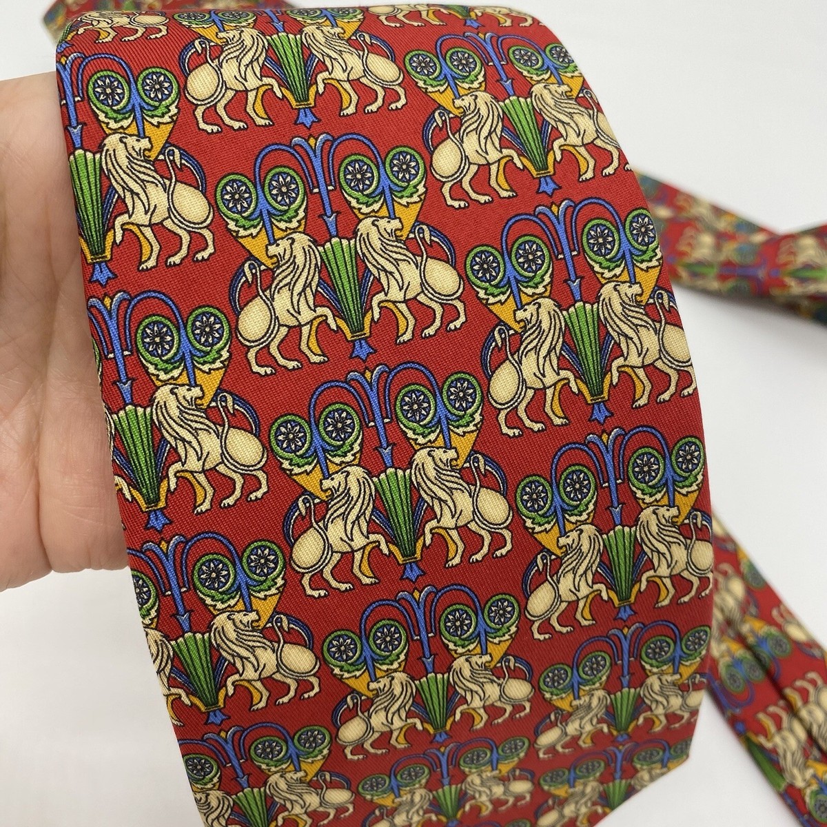 Vintage Salvatore Ferragamo Silk Tie Red Heraldic Lion Crest
