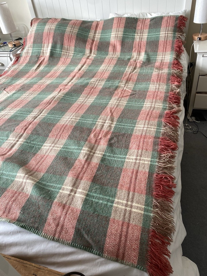 Vintage Welsh Fringed Checked Wool Blanket 56” X 76” eBay