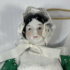 Vintage Porcelain Doll Ornament with Pioneer Prairie Dress & Bonnet With Apron