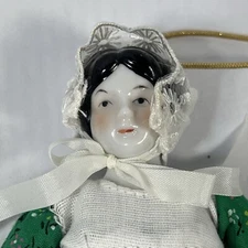 Vintage Porcelain Doll Ornament with Pioneer Prairie Dress & Bonnet With Apron