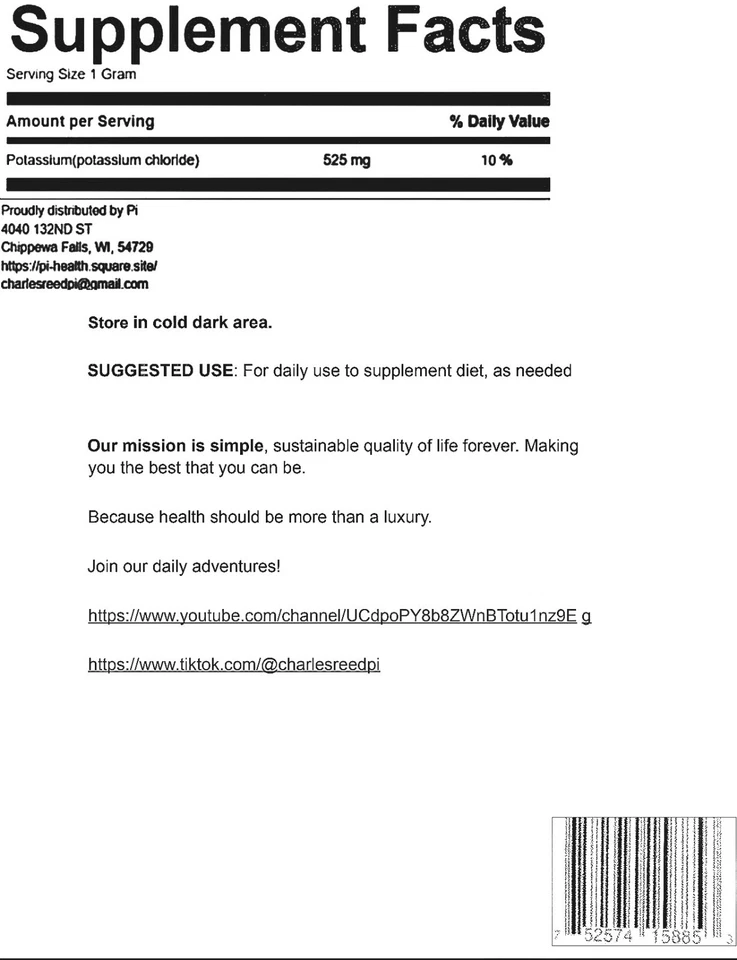 Cloreto de potássio em pó | Suplemento eletrolítico | Saúde do sangue e coração | Pi - Imagem 2 de 4