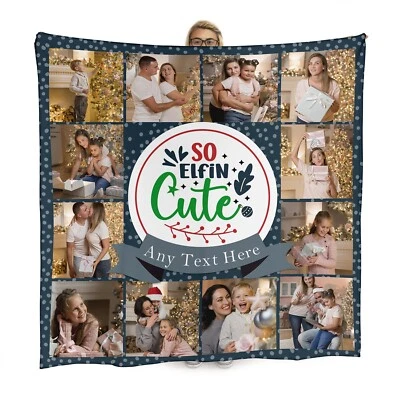 BRITISH MADE GIFTS Personalised Elfin Cute - 12 Photo Xmas Fleece Throw Blanket - Add Photos & Text