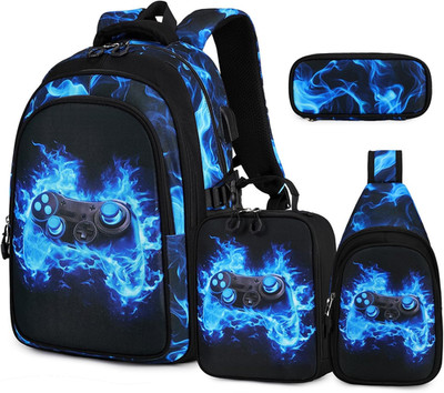 Backpack for Boys, 4PCS Cool Flame School Bags with Sling Bag, Lunch Box & Penci