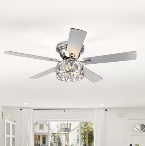 Breezary Jemore 52 in. Indoor Flush Mount Chrome Crysral Ceiling Fan with Light - Picture 2 of 8