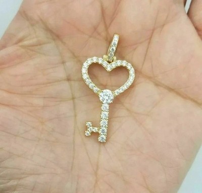 1.10Ct Round Cut Real Moissanite Heart Key Charm Pendant 14K Yellow Gold Plated