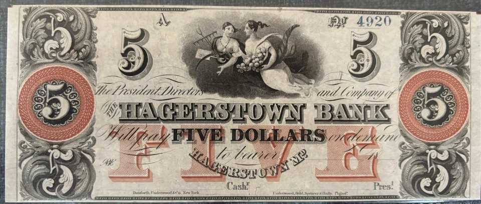 1850's-60's $5 Obsolete - Maryland - Hagerstown Bank - PCGS Superb Gem Unc 67PPQ - Image 2 of 3