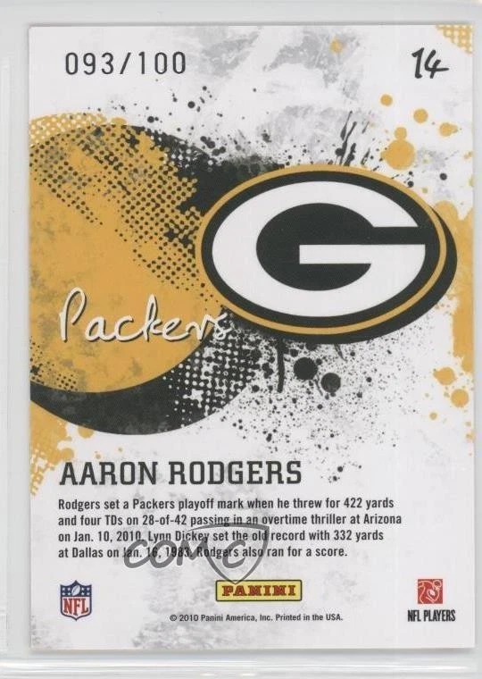 2010 Score Franchise Red Zone /100 Aaron Rodgers #14 - Image 2 of 2