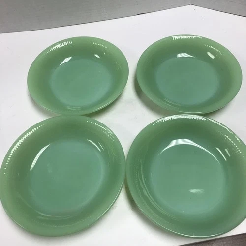 VINTAGE 1950’s LOT Of 4 JADEITE FIREKING JANE RAY 7.5” FLAT RIBBED SOUP BOWLS