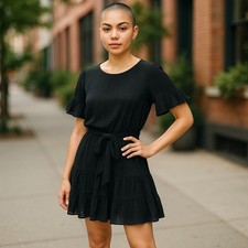 NEW H By Halston Black Ruffled Mini Dress Flare Sleeve Waist Tie Size 6 $159