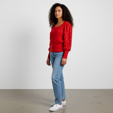 H by Halston Red Puff Sleeve Rhinestone Jeweled Square neck Sweater - Large