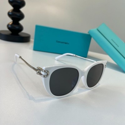Tiffany & Co Women Luxury Cat Eye Sunglasses White Acetate Silver Link Detail