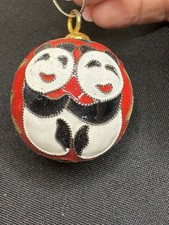 Vintage Cloisonne Panda Ornament Red Enamel Brass Hanging Ball Bear Christmas