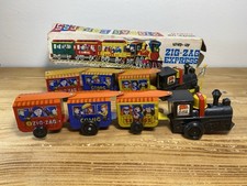Vintage 2 WIND-UP COMIC ZIG-ZAG EXPRESS TIN METAL TOY TRAIN w/ Box Korea WORKS 