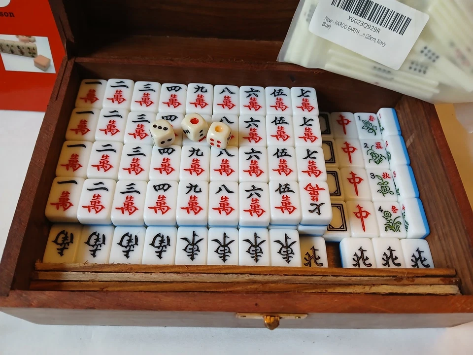 Mahjong Set in Wooden Case 144 Blue Back Tiles Book Sticks Mah Jong Jongg - Image 2 of 4