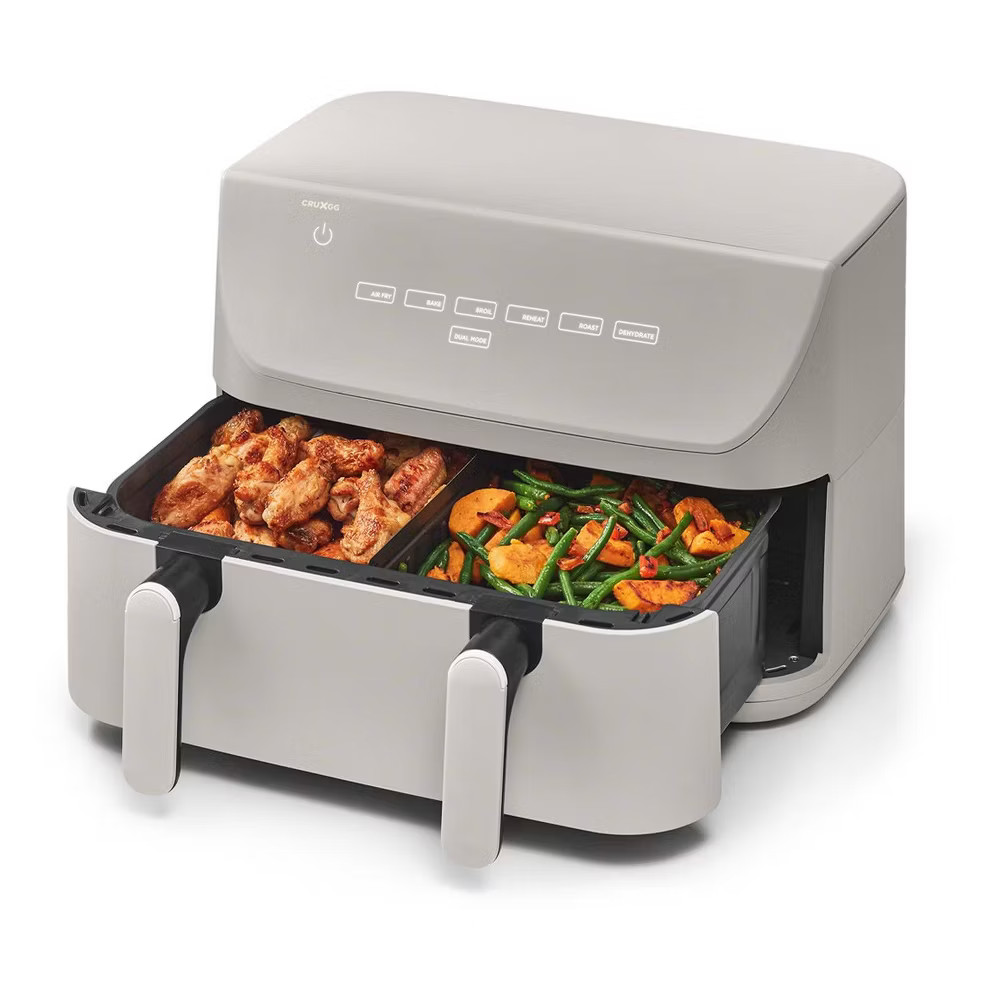 CRUXGG 10QT Air Fryer Dual Baskets Digital Nonstick Gray Basket