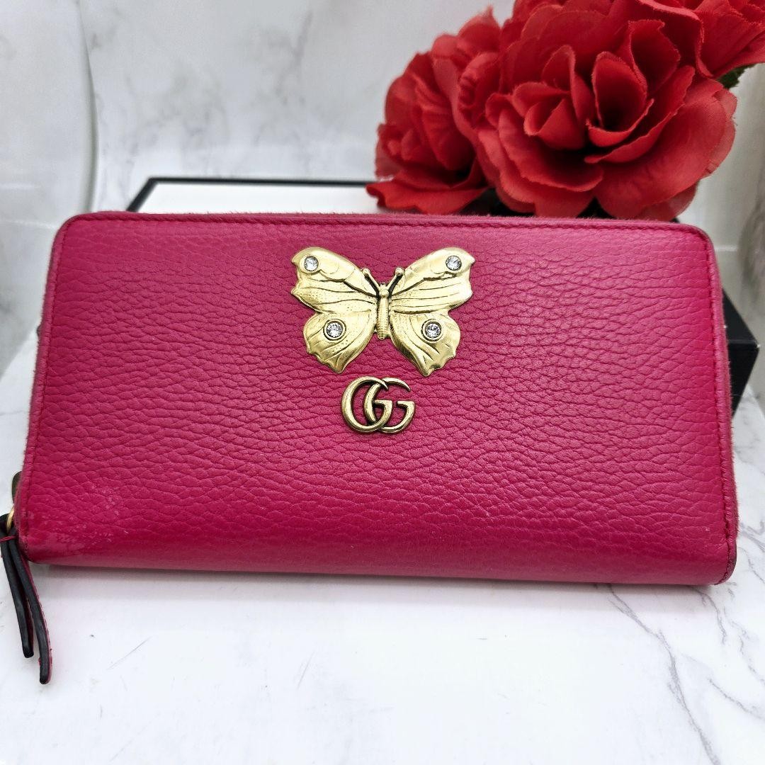 Red Gucci Purse Butterfly GUCCI Long Wallet Marmont Butterfly Pink Leather  Used Rare F/S - Main Image