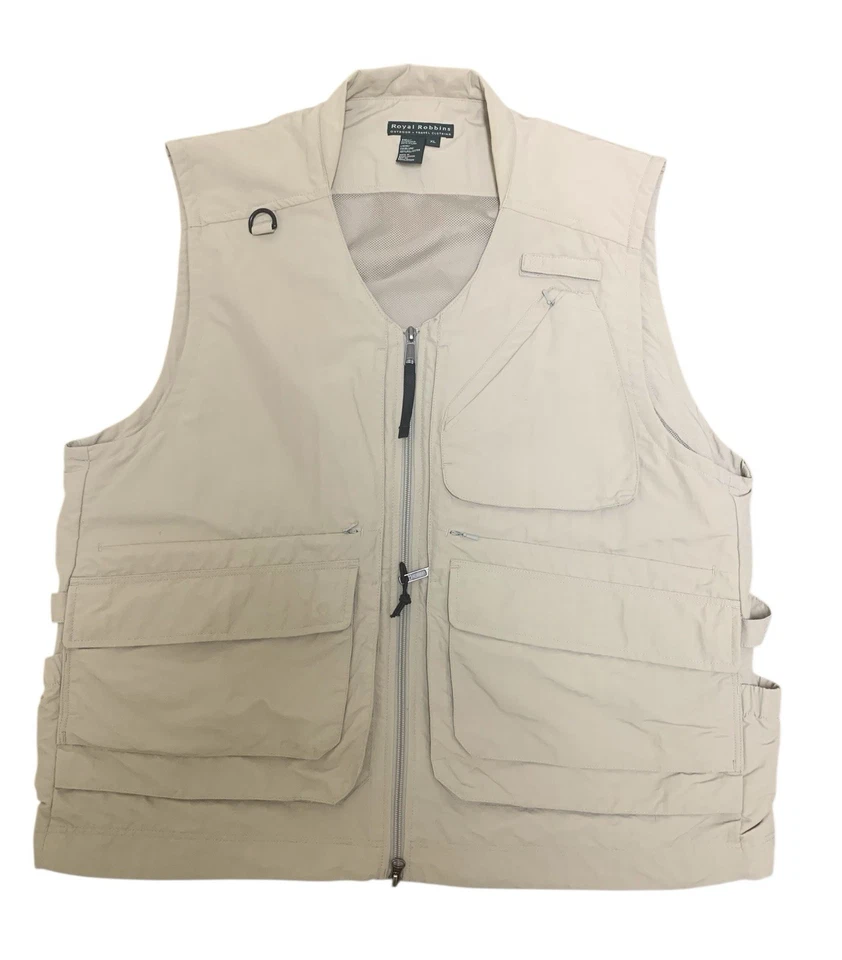 Chaleco utilitario de viaje al aire libre Royal Robbins XL beige nailon forrado de malla multibolsillo Foto 2 de 4