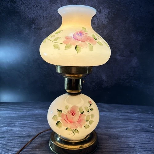 VTG Double Light  Hand Painted Pink Rose Gone W/The Wind Hurricane Parlor Lamp
