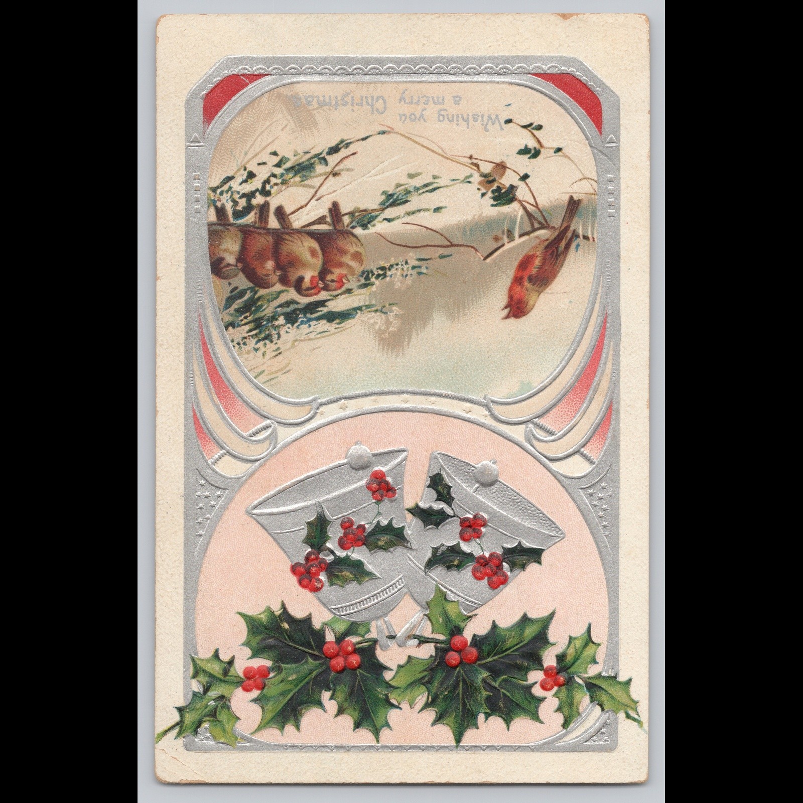 Antique Postcard Wishing You a Merry Christmas Birds Holly 1908 Battlefield MO