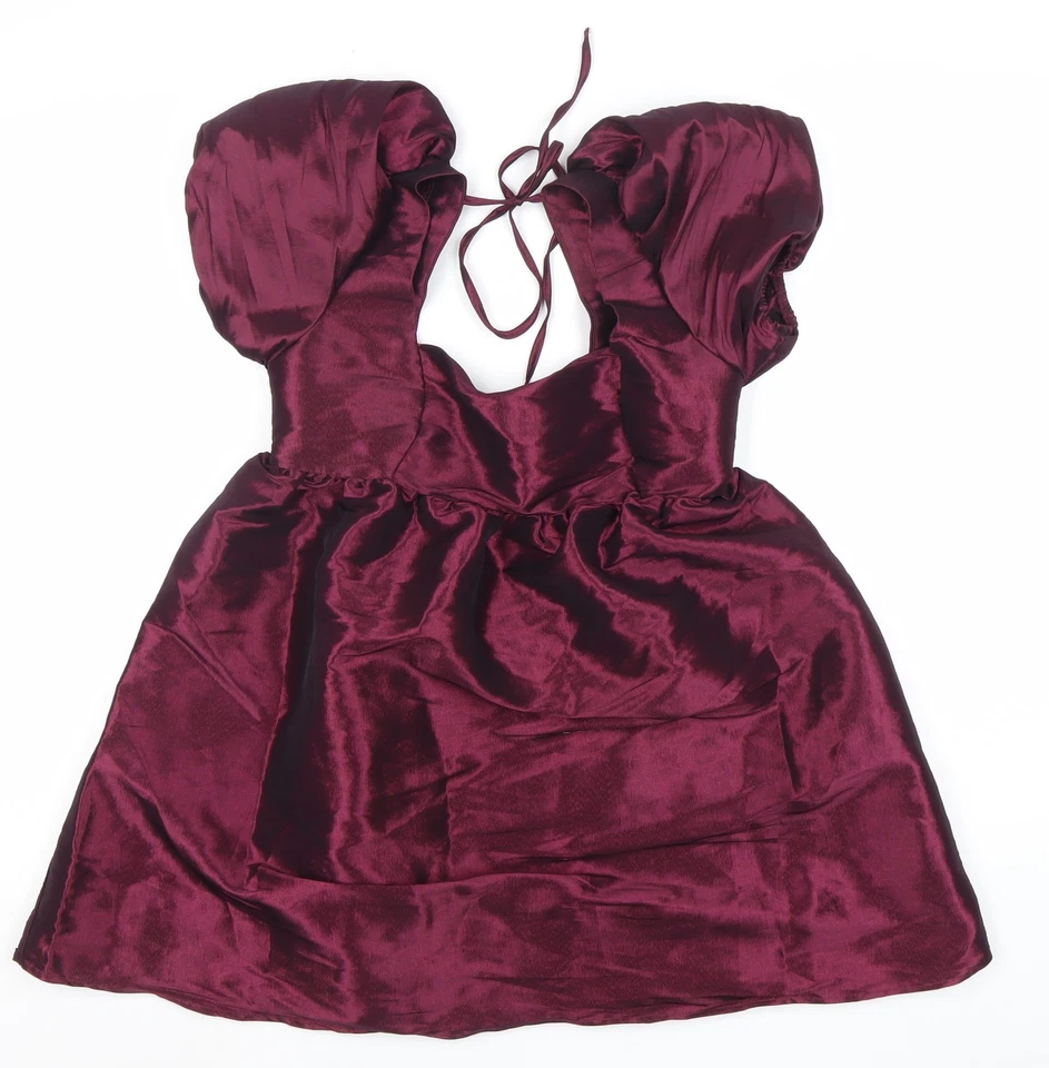 ASOS Women’s Red Mini Puff Sleeve Satin Party Dress Size 8 - Image 3 of 4