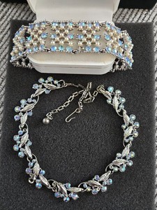 Vintage Blue Rhinestone Choker Necklace & Blue Rhinestone Faux Pearl Bracelet