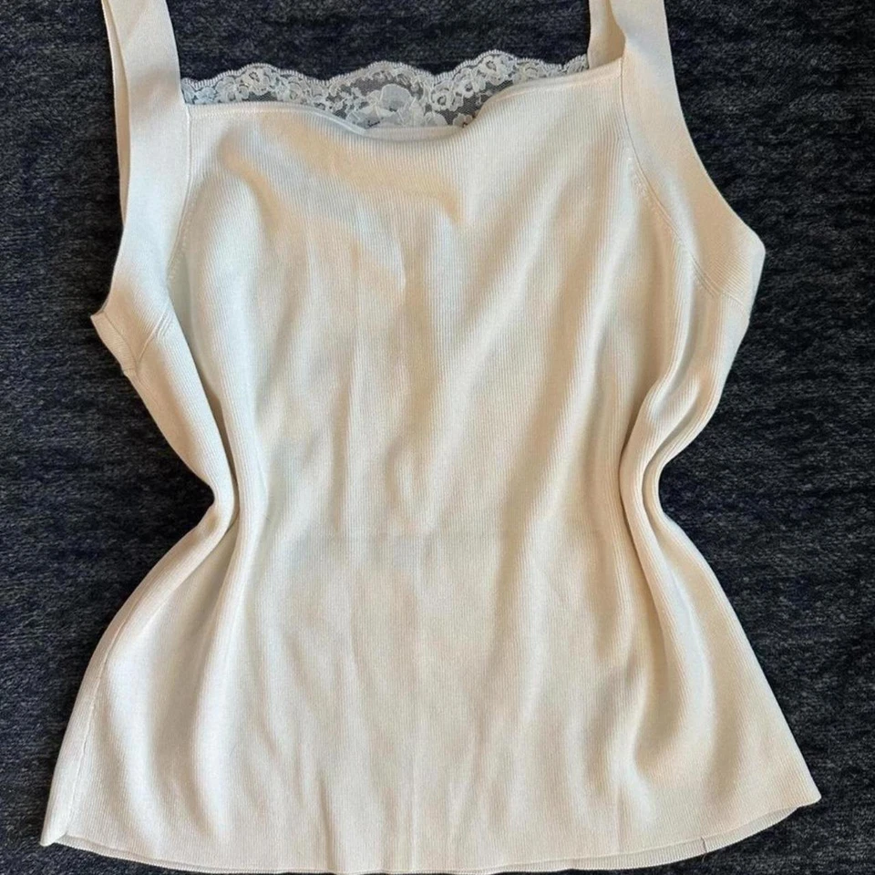 Vintage Y2K Talbots ivory lace trim knit cami Beaded Sequins Glam NWT - Image 4 of 4