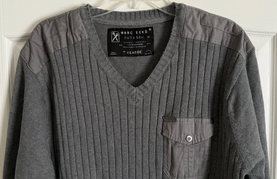 Suéter Marc Ecko Corte y Coser Hilos Mortales Cuello en V Bolsillo Acanalado Gris Algodón XL Foto 3 de 4