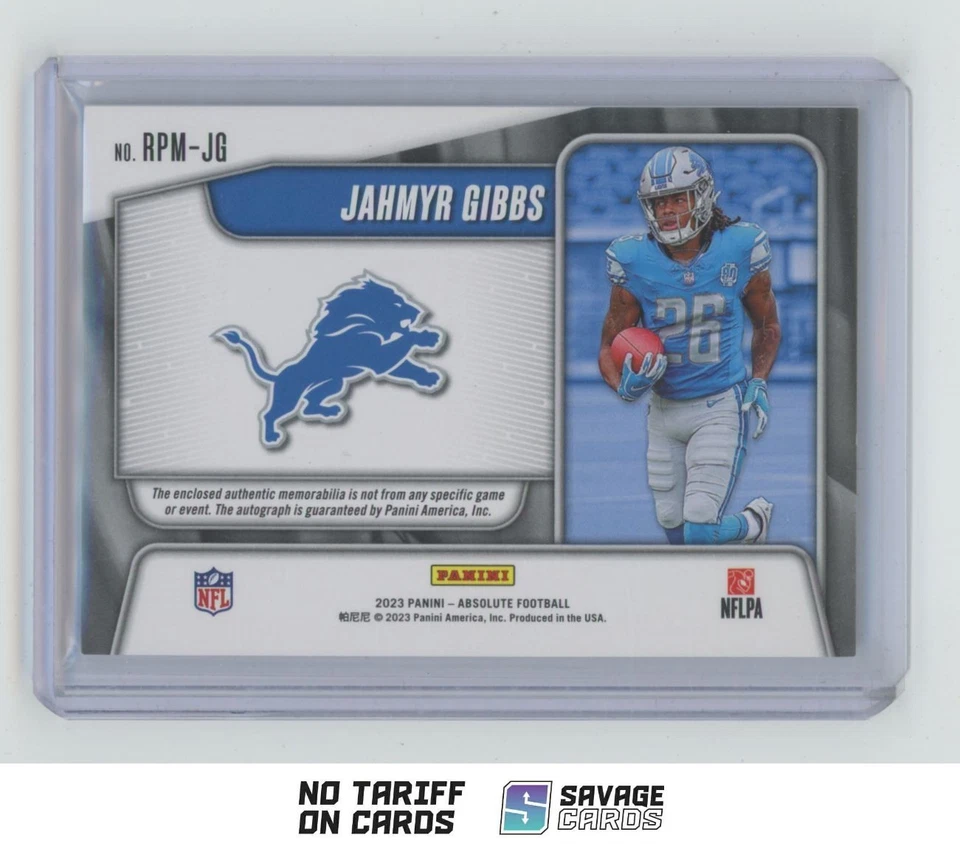 2023 Panini Absolute Rookie Premiere Auto Material Jahmyr Gibbs /199 . #RPM-JG - Image 2 of 3
