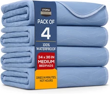 Waterproof Incontinence Bed Pads 34 X 36 Inches (Pack of 4, Blue), Washable and 