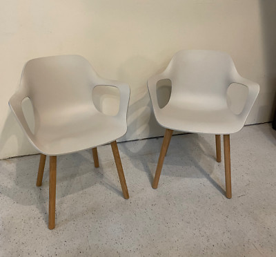 Pair of Vitra HAL Armchairs | light oak base | warm grey sculpted shell | 2018