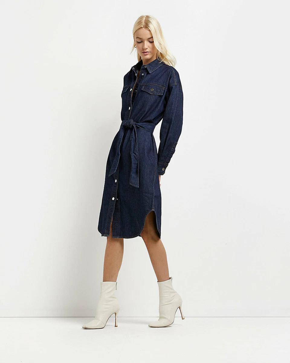 River Island Blue Denim Tie Waist Shirt Dress Longline Shirt XS