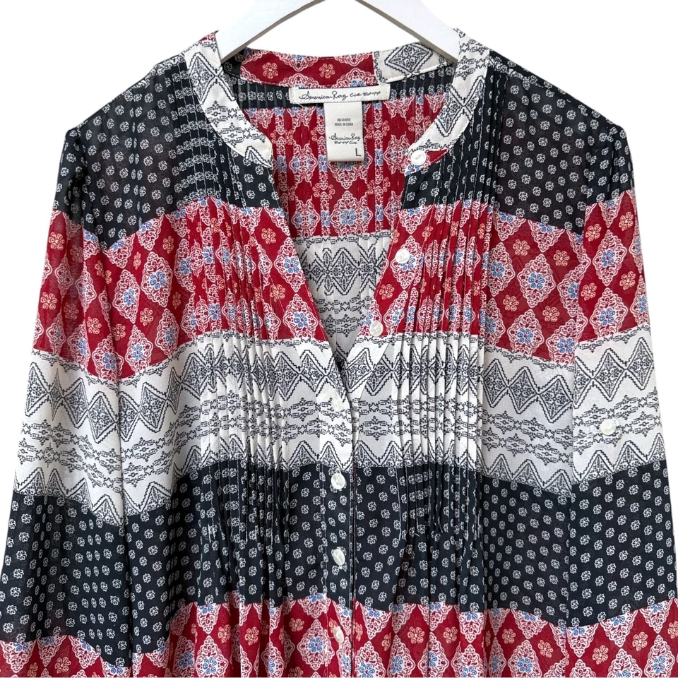 AMERICAN RAG Tunic Blouse Large Boho Red Blue Print Womens Top - Image 2 of 4