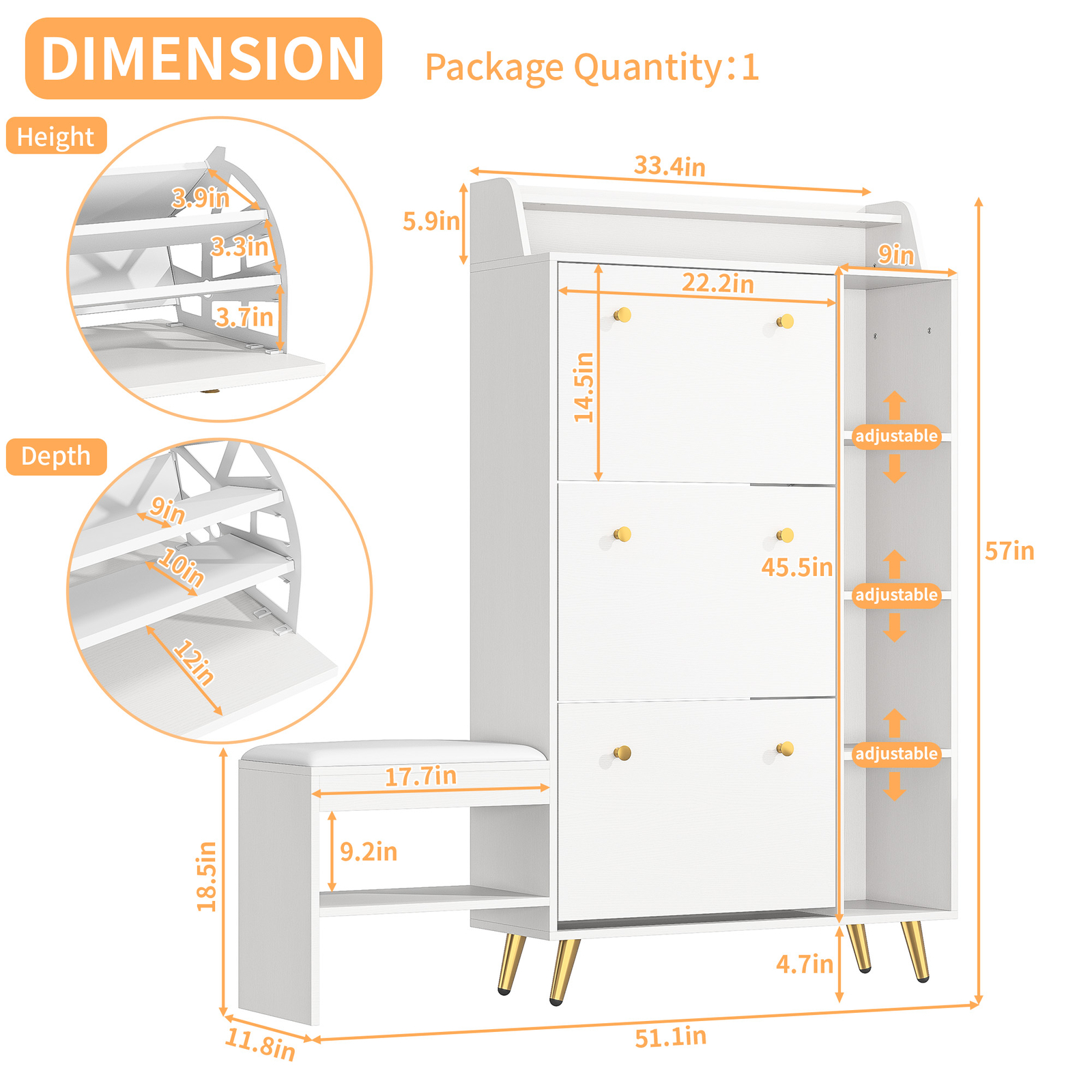 Modern Shoe Cabinet With Shoe Bench 3 Flip Hook Drawers for Entryway Living Room