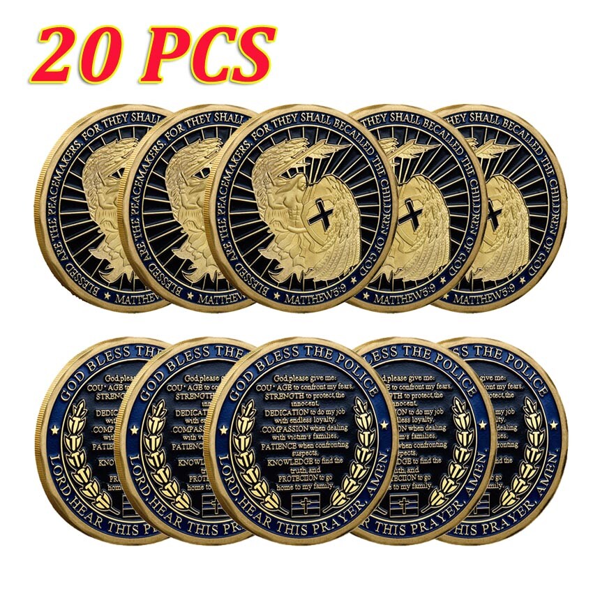 20PCS Commemorative Gold Saint Michael Law Challenge Coin Enforcement God Bless