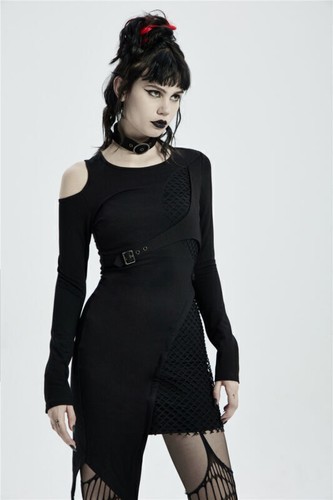 Vestido de mujer PUNK RAVE de hombro hueco manga larga con botones cuello extraíble - Imagen 10 de 20