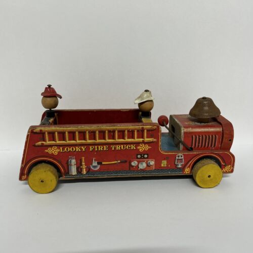 Vintage Fisher Price Holz Looky Feuerwehrauto 1950er Jahre Zugspielzeug fehlende Teile