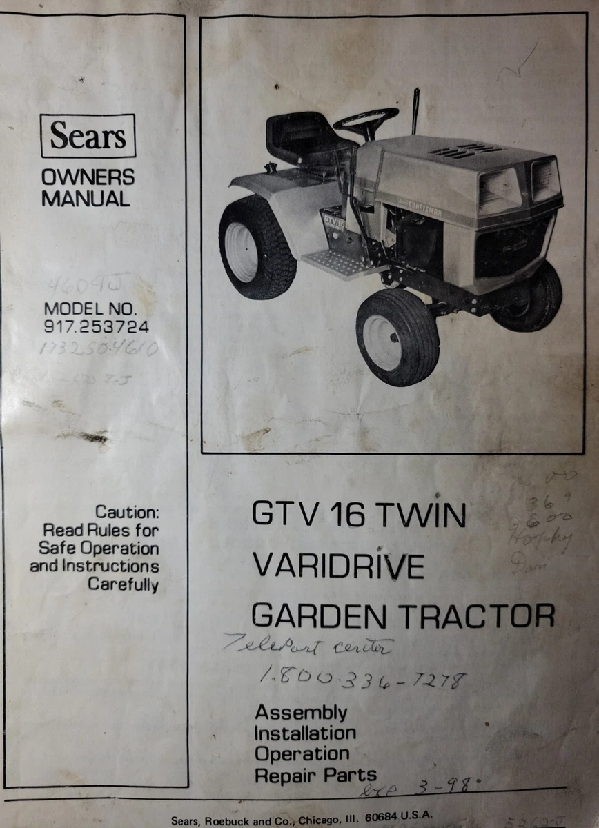 Sears Craftsman GTV 16 Twin Lawn Garden Tractor Owner Parts Manual 917.253724