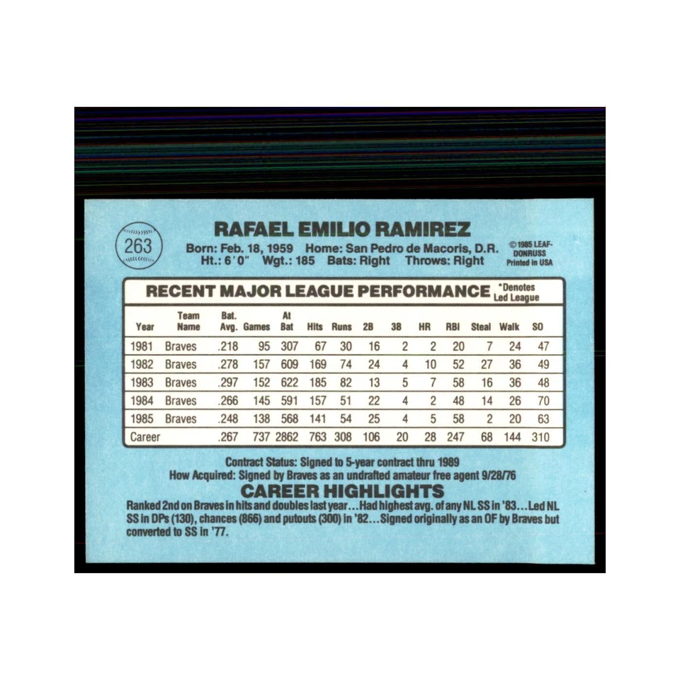 1986 Donruss Rafael Ramirez Braves #263 - Image 2 of 3