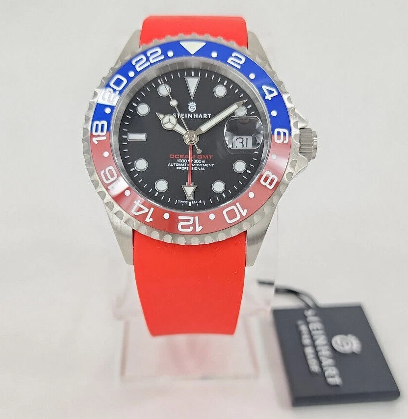 Steinhart Ocean ONE GMT Blue Red Silicone Swiss Mens Diver Watch 103-1099  Pepsi