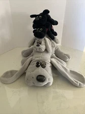 4 Vintage 1985 Pound Puppies 2 Light Gray 2 Solid Black Stuffed Toy 18” & 9”